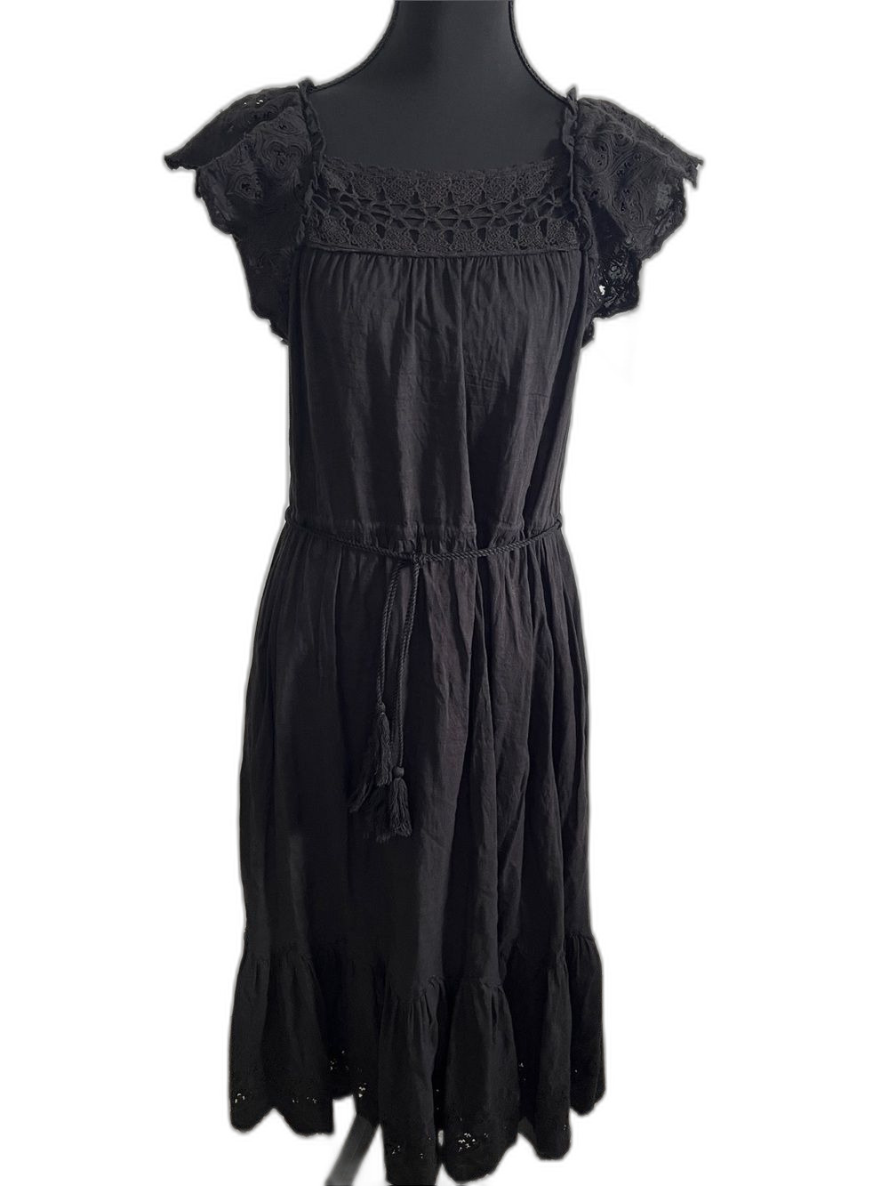 Ulla Johnson Black Linen Cotton Midi Beach Dress Crochet Square Neck Lace Sz 2